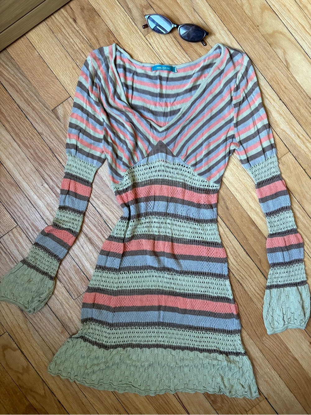 Boho Chic Vacay Striped Knit Long-Sleeve Dress in Coral, Sage & Taupe